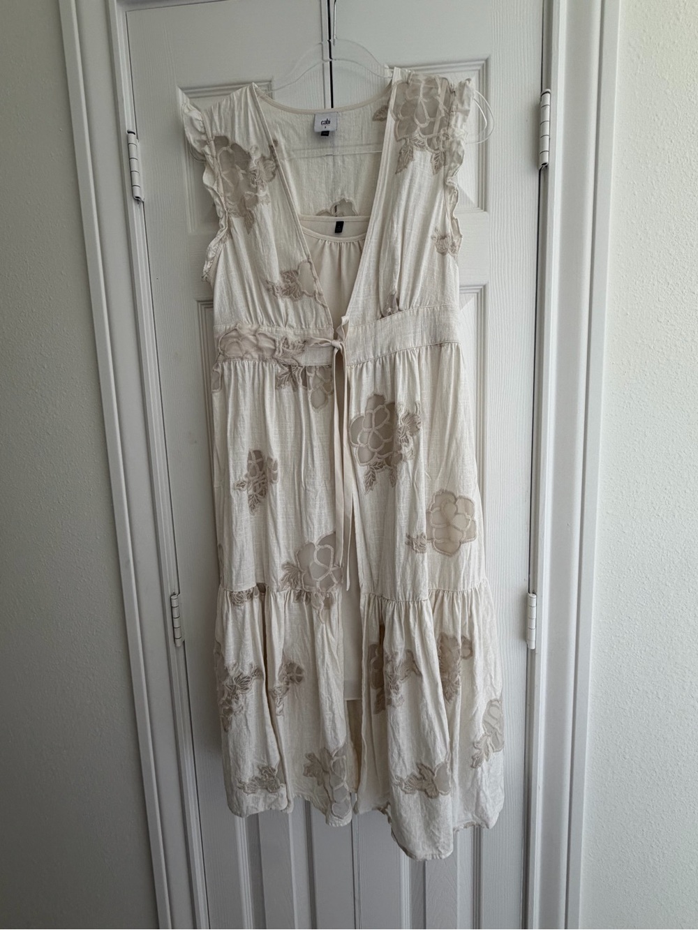 CAbi Cream Laguna slip dress with Tan Floral Embroidery